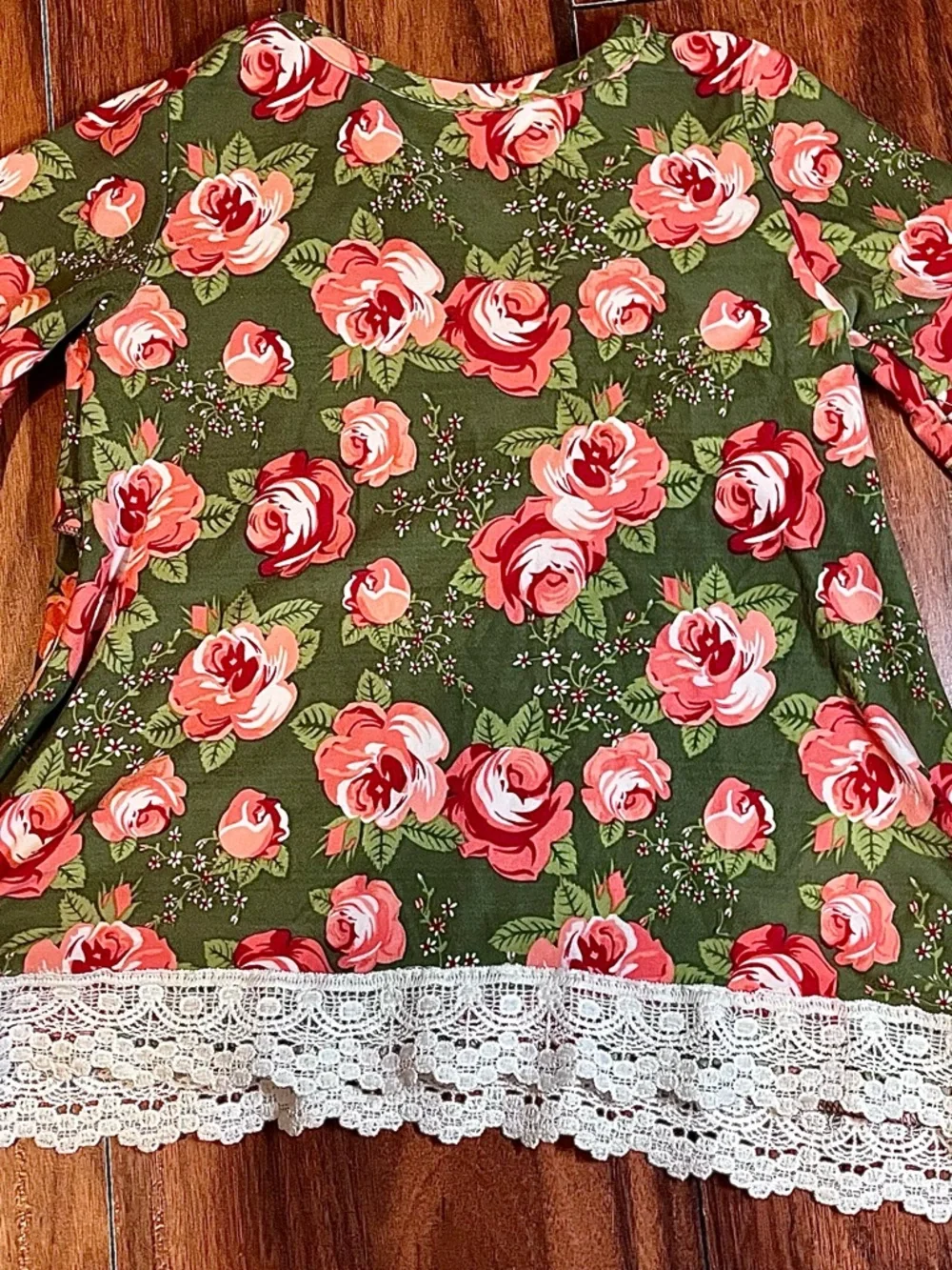 Little Lass Olive Green Floral Ruffle Top with Pink & Red Roses 3/$18 or 4/$20 - Picture 3 of 10
